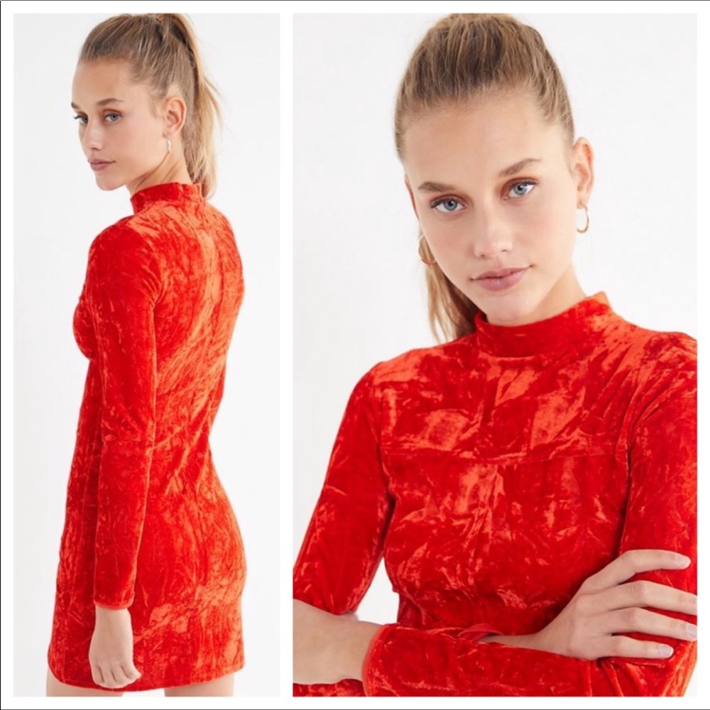 UO Bright Red Crushed Velvet Mockneck Dress